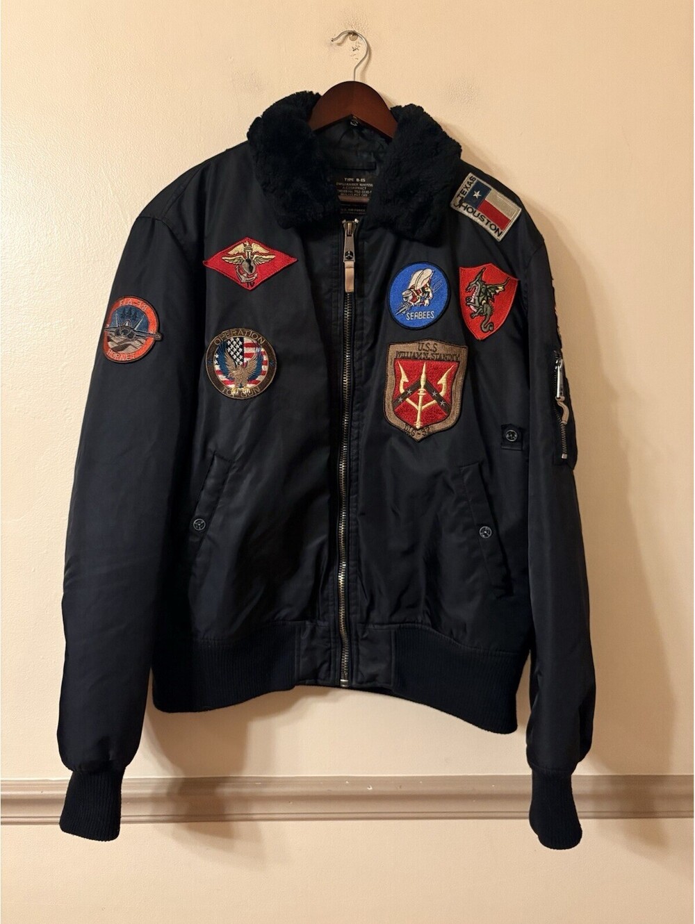 Top Gun Type B-15 Flight Bomber Jacket Faux Fur Collar USAF Patches Size 3XL